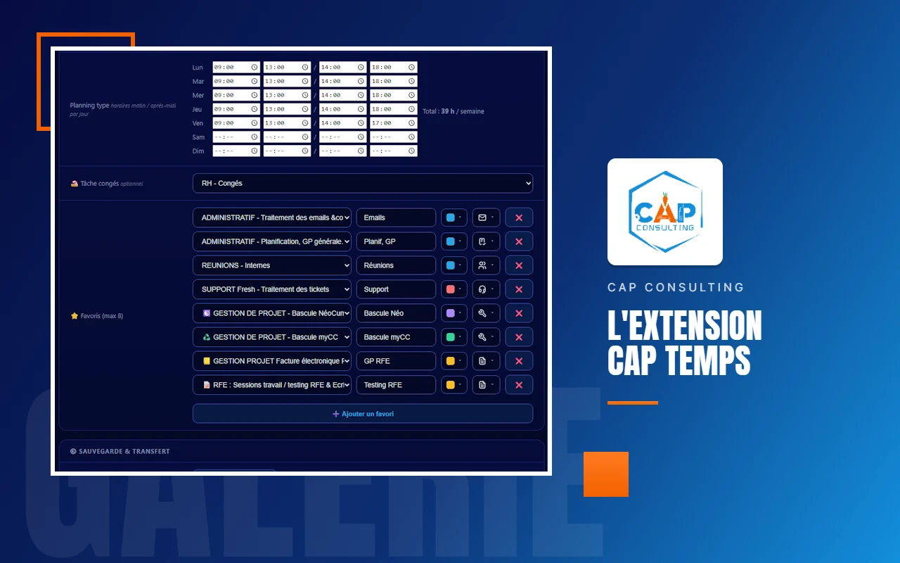 Suite de la configuration : planning type avec les horaires matin et après-midi de chaque jour et le total hebdomadaire, tâche dédiée aux congés, et liste des huit favoris avec leur libellé, leur couleur et leur icône.