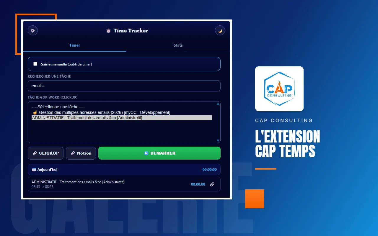 Popup CAP Temps, onglet Timer : champ de recherche de tâche, liste des tâches correspondantes, et bouton vert Démarrer. En dessous, le total du jour et les sessions déjà enregistrées.