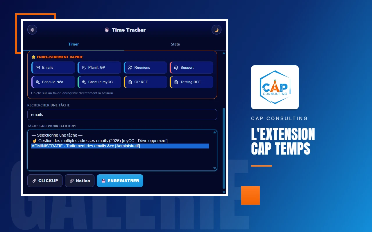 Popup CAP Temps : bloc Enregistrement rapide avec huit favoris colorés, champ de recherche de tâche, liste déroulante des tâches et bouton Enregistrer.