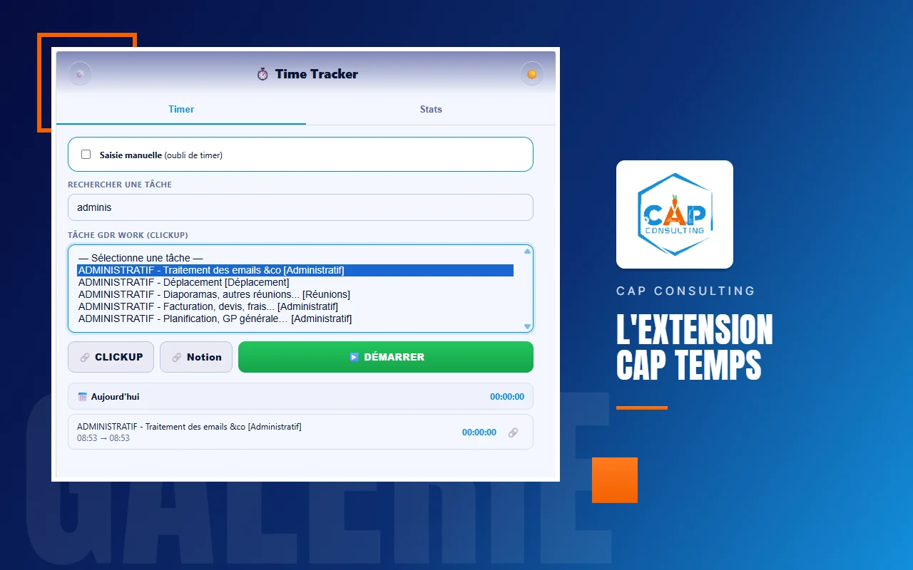 Le même écran Timer de CAP Temps en thème clair : fond blanc, liste des tâches administratives et bouton Démarrer.