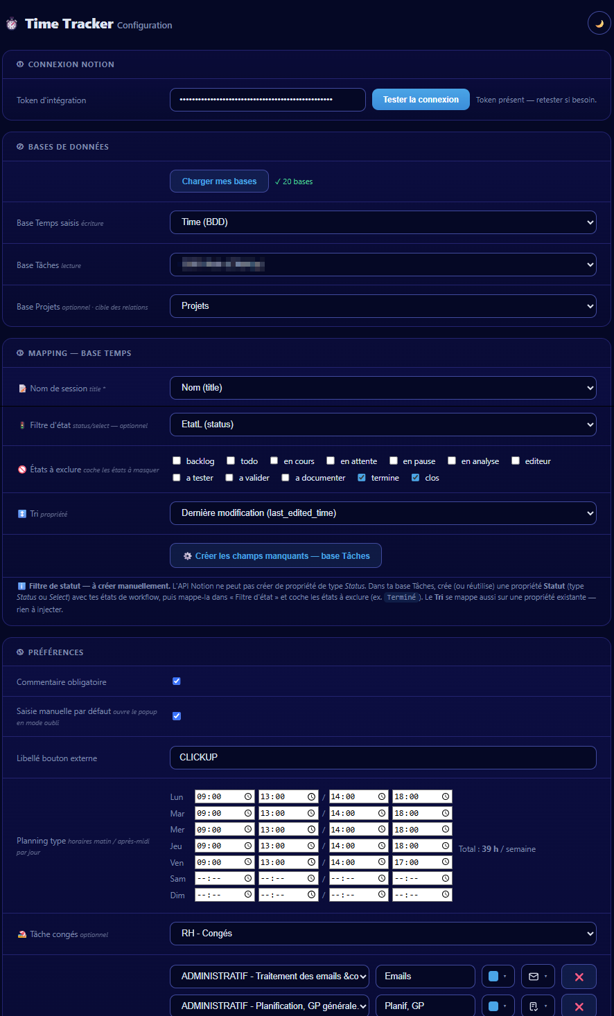 Page de configuration : connexion Notion, choix des bases et mapping guidé des champs.