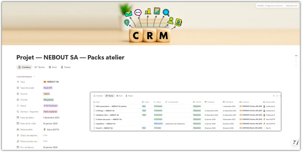 Fiche projet « Packs atelier » : caractéristiques, dates, responsable, et tableau des tâches avec statuts et échéances.