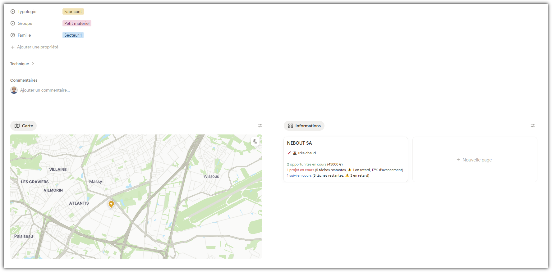 Bas d’une fiche tiers : typologie, groupe, famille, carte de localisation et panneau récapitulatif des opportunités, projets et suivis en cours.