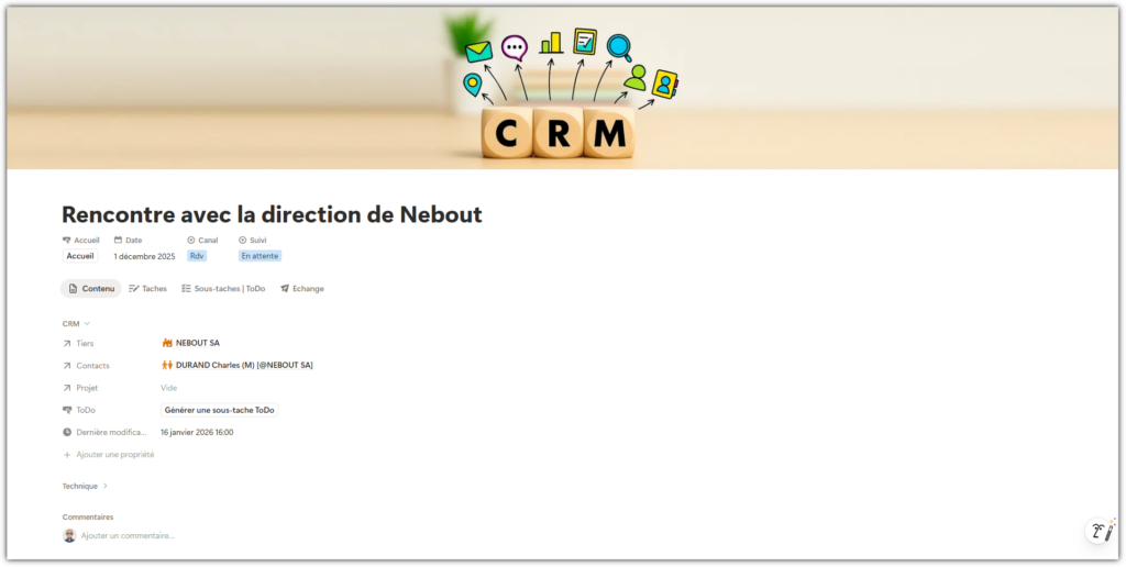 Fiche de suivi client « Rencontre avec la direction de Nebout » reliée au tiers, aux contacts et au projet, avec onglet Échange.